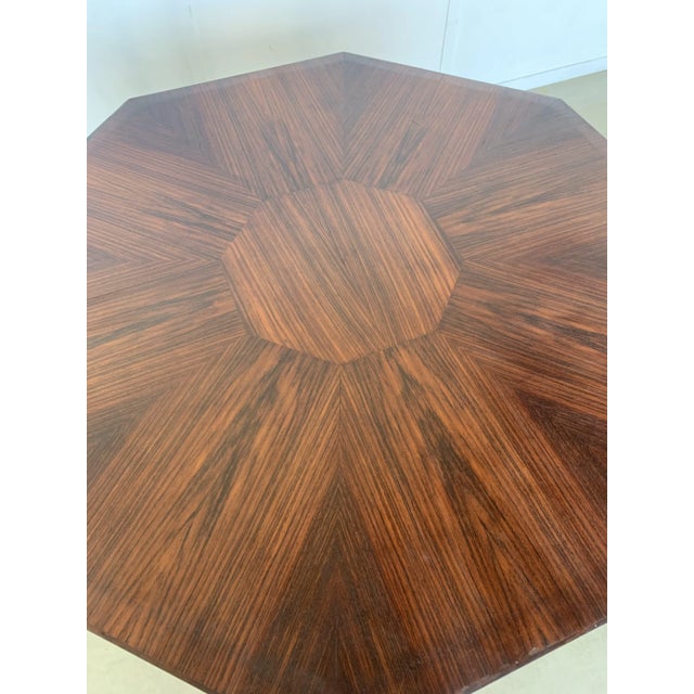 Inlaid Hexagonal Wooden Table with Tubular Metal Base, 1960s, in Good conditions. Designed 1960 to 1969