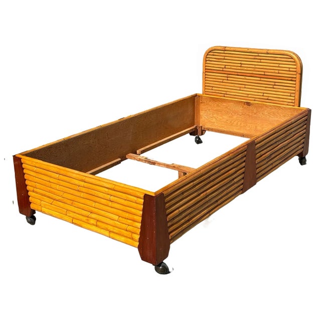 Mid-Century Modern Restored Art Deco Geometric Stacked Rattan Bed and Mahogany Twin Bed Frame For Sale - Image 3 of 7