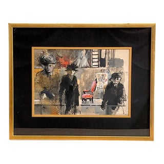 1960s Modern Figurative Ink and Gouache Painting of Three Women, Framed For Sale