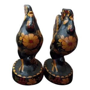 Pair of 1980s Khokhloma Russian Folk Art Rooster Figurines