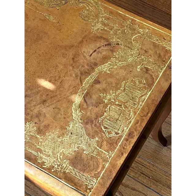 1950s Small Leather Top, Cherry Coffee Table, Louie the XV Revival / Cabriole Legs / Gold Embossed Leather Top, Intricate Gold Marquetry, 1950-60’s For Sale - Image 5 of 12
