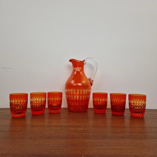 Art Deco Red Crystal Glass Drinking Set from Bohemia, 1950s, Set of 7 For Sale - Image 9 of 9