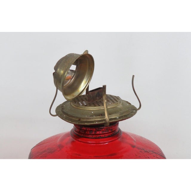 Pa Risdon Usa Large Homesteader Oil Lamp Red Glass With Brass Eagle Burner 4887b For Sale - Image 11 of 15