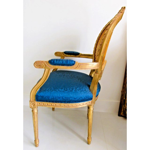 French 1940s French Louis XVI Style Fauteuil Chair Giltwood Frame Cane Oval Back Blue Fabric For Sale - Image 3 of 15