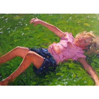 Untitled by Jim Beckner | Oil on canvas Painting of a child lying on grass For Sale