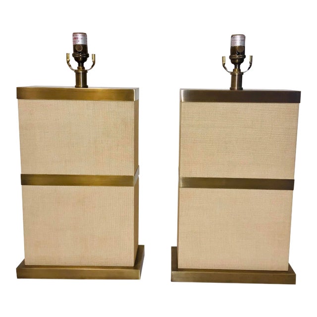 Currey & Co. Organic Modern Raffia and Brass Table Lamps Pair Prototypes For Sale