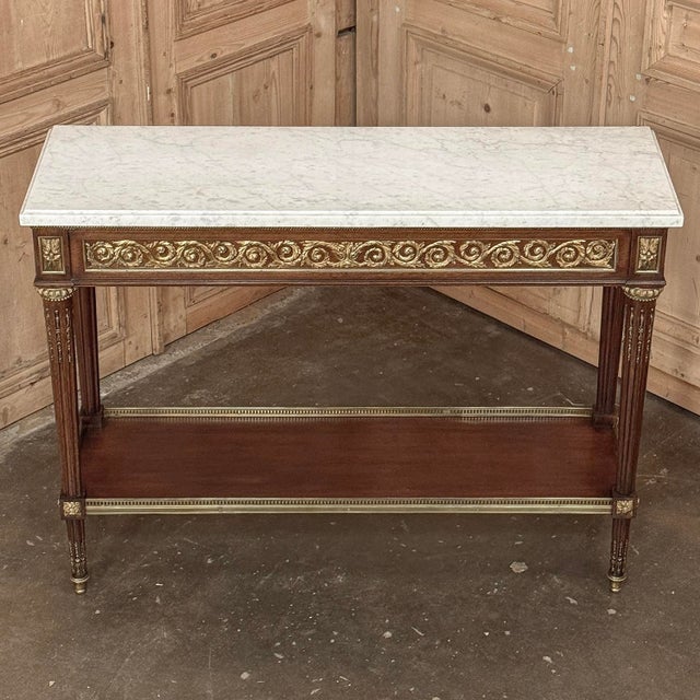 Antique French Louis XVI Mahogany Console Sofa Table With Carrara Marble For Sale - Image 15 of 18