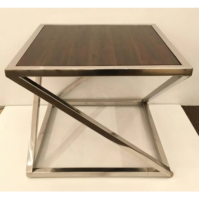 Stylish organic modern Interlude home wood and chrome side tables pair, showroom floor samples