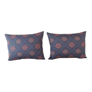 Red and Blue Satin Cotton Modern Bolster Decorative Pillows From Portugal- A Pair For Sale