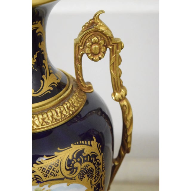 Ceramic Pair Vintage Sevres Porcelain Bronze Mounted Urns For Sale - Image 7 of 12