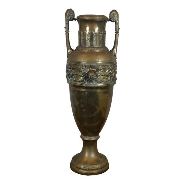 Mid 20th Century Neoclassical Empire Style Repousse Brass Roses Mantel Urn Amphora Vase For Sale