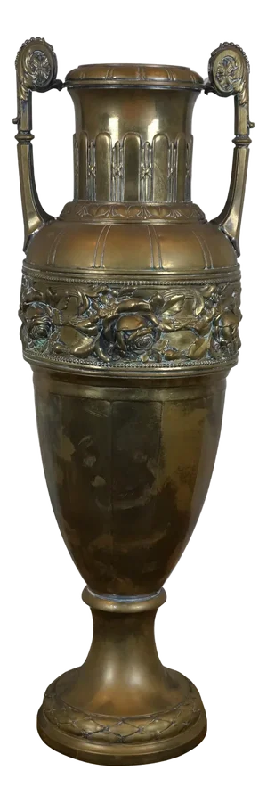 Mid 20th Century Neoclassical Empire Style Repousse Brass Roses Mantel Urn Amphora Vase