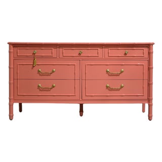 Mid Century Hollywood Regency Faux Bamboo Dresser With Brass Hardware by Thomasville For Sale