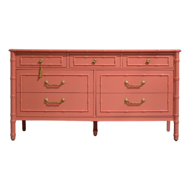 Mid Century Hollywood Regency Faux Bamboo Dresser With Brass Hardware by Thomasville For Sale