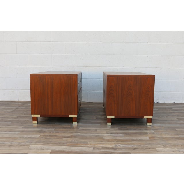 Pair of Mid-Century Modern Campaign Walnut Nightstands by Baker Milling Road | Brass Hardware, Circa 1960s For Sale - Image 9 of 18