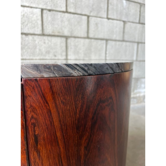 Wood Harvey Probber Style Rosewood Drum Side Table / Bar Cabinet With Silver Wave Marble Top For Sale - Image 7 of 11