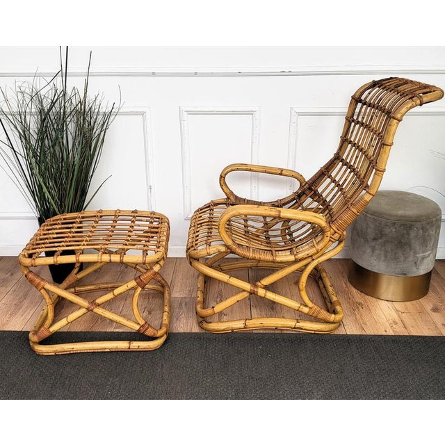 1960s Set of Italian Bohemian French Bamboo Rattan Riviera Lounge Chair & Ottoman by Tito Agnoli, 1960s For Sale - Image 5 of 9