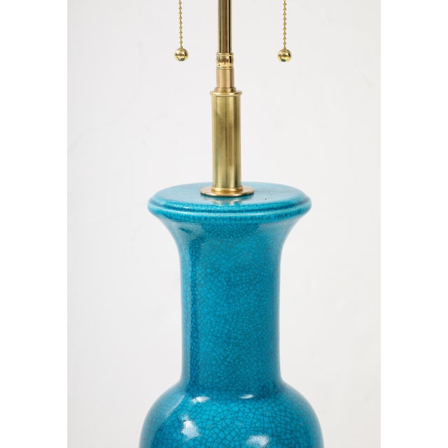 Cerulean Blue crackle Glazed Ceramic Lamps - a Pair For Sale - Image 11 of 11