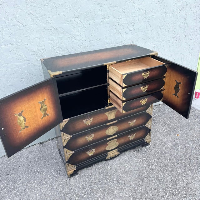 Vintage Chinese Burlwood and Brass Highboy Dresser For Sale - Image 4 of 10