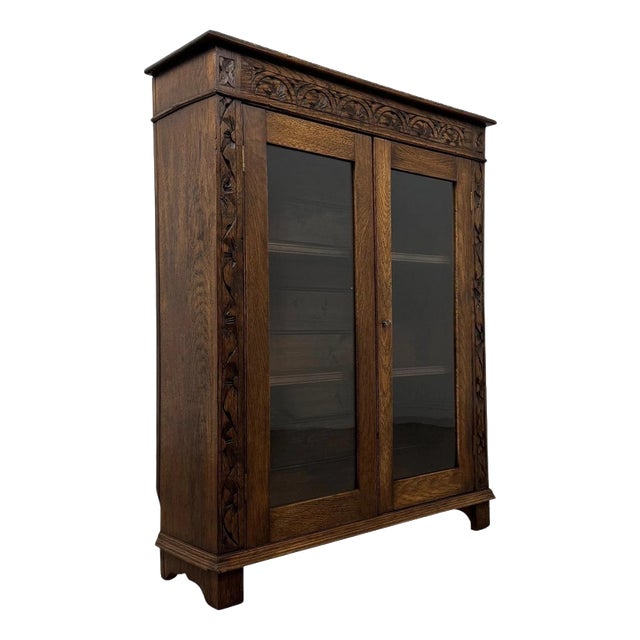 Antique 19th Century Carved Oak Display Cabinet For Sale