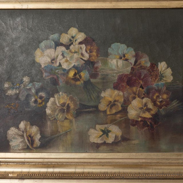 Victorian oil on canvas painting of pansies. Beautiful and detailed frame. Beautiful details in the flowers. Makes a great...