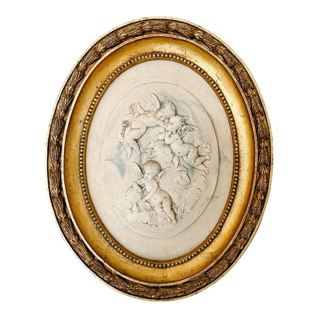 Vintage French Wall Plaque With Winged Cherubs by Mme Leon Bertaux For Sale