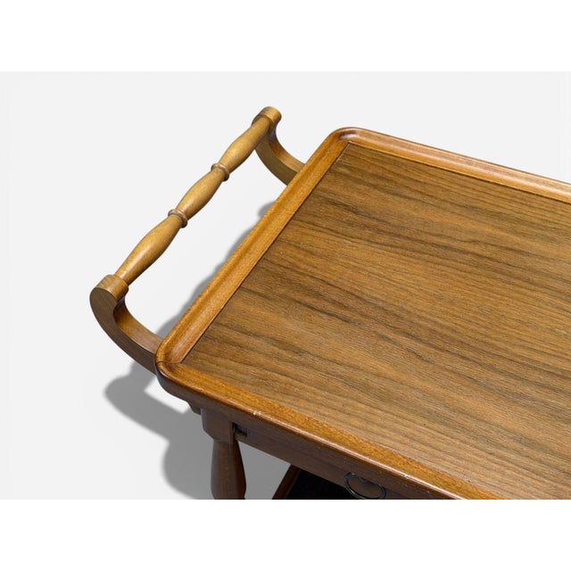 1970s Swedish Modern, Rolling Bar Cart, Wood, Brass, Sweden, 1970s For Sale - Image 5 of 14