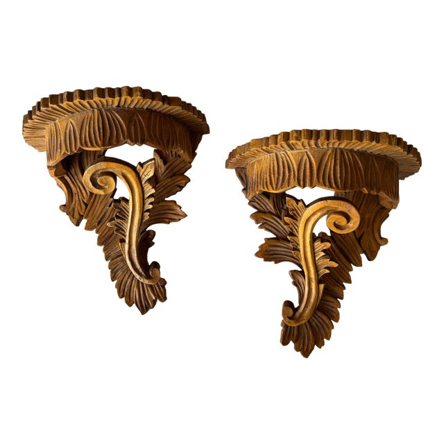 Antique Italian Rococo Revival Hand Carved Solid Wood Wall Shelves, a Pair For Sale