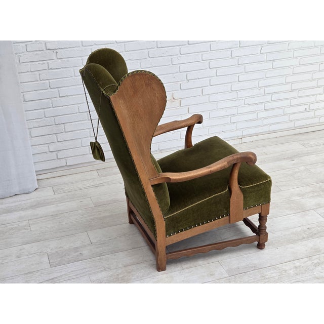 Vintage Danish Wingback Lounge Chair in Furniture Velour and Oak, 1960s For Sale - Image 9 of 18