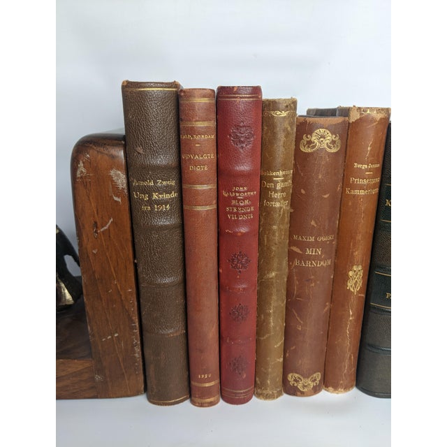 Antique Scandinavian Library Set of 7 – Brown, Burgundy & Cognac Leather Books For Sale - Image 16 of 16