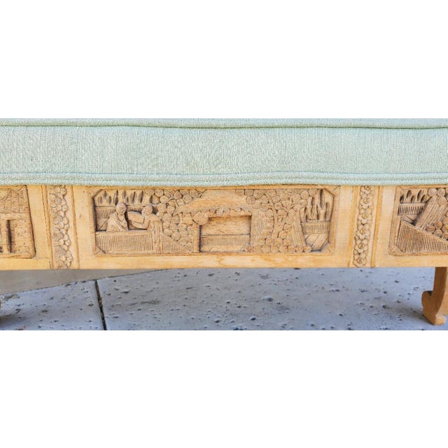 1920s Antique Chinese Hand Carved Upholstered Wooden Long Bench For Sale In Los Angeles - Image 6 of 12