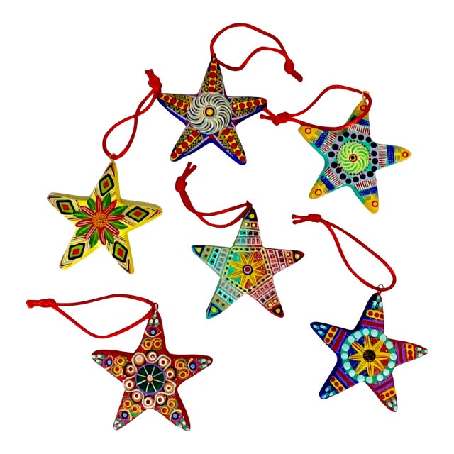 1970s Vintage Rancho Monterey Mexican Star Christmas Ornaments - Set of 6. For Sale