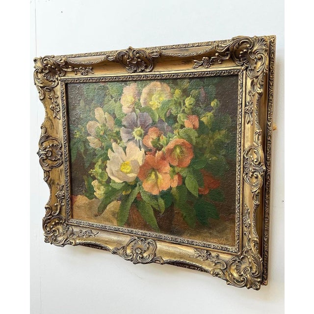 Wonderful semi antique floral oil on linen board. It's singed but I can't really fully see the name - looks like Maria...