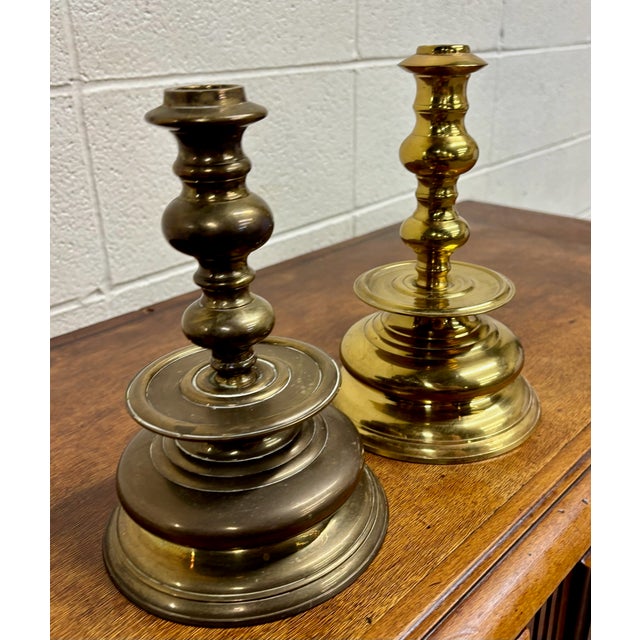 Vintage Solid Brass Candlesticks Candle Holders With Drip Pans - Pair For Sale In Kansas City - Image 6 of 7