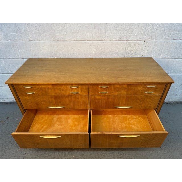 Mid-Century Six Drawer Walnut & Brass Lowboy Dresser by West Michigan Furniture Co. Attributed For Sale - Image 11 of 17