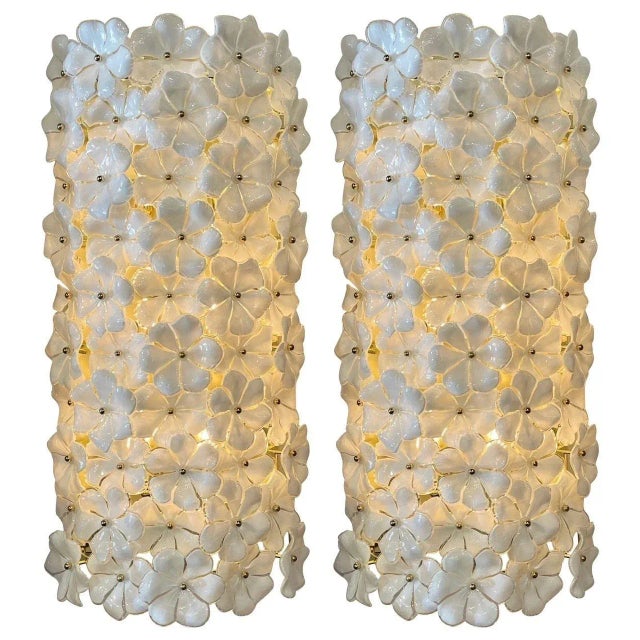 White Pair of Large Scale Modern Murano Flower Sconces For Sale - Image 8 of 8