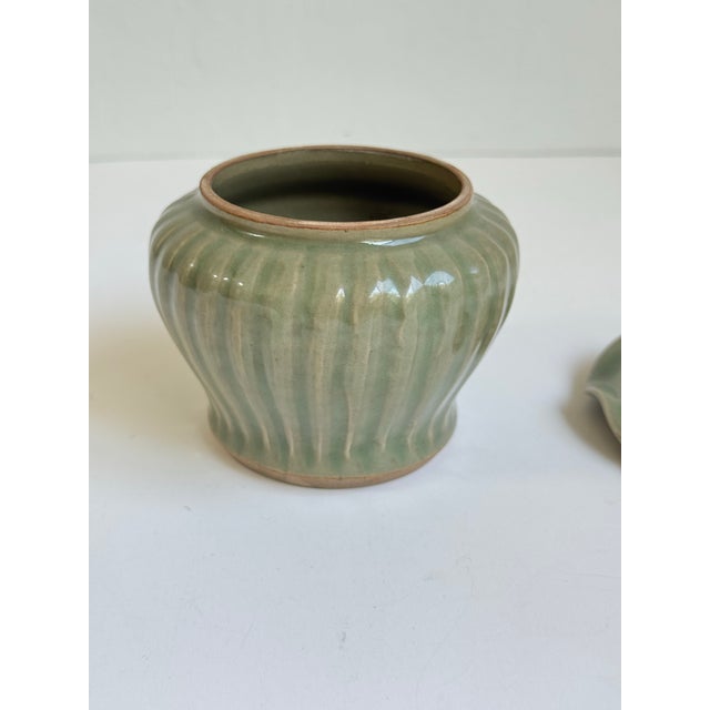 Modern Longquan-Style Celadon Glazed Covered Jar With Lotus Lid For Sale In Seattle - Image 6 of 8