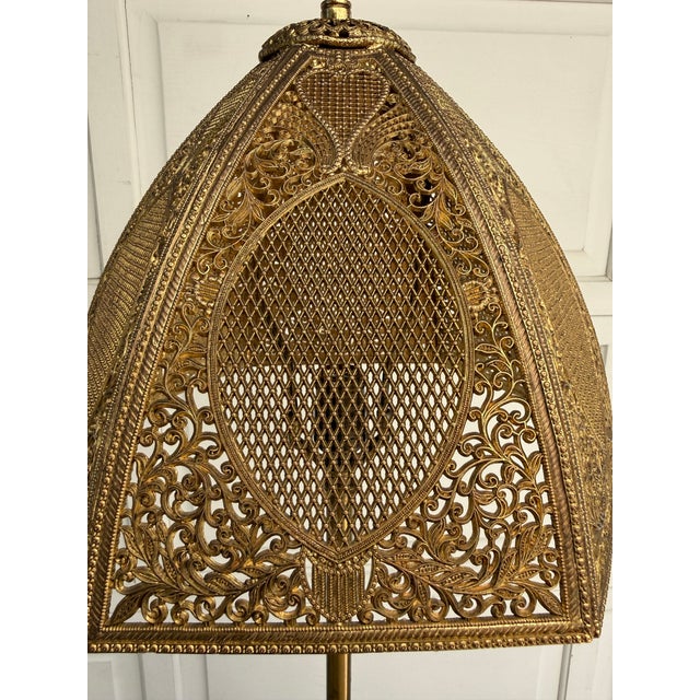 Mid 20th Century Mid 20th Century Tiered Wood Floor Lamp With Ornate Gold Filigree Shade For Sale - Image 5 of 12