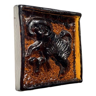 Mid-Century Amber Glass Zodiac Block with Capricorn from Ząbkowice Glassworks, 1950s For Sale