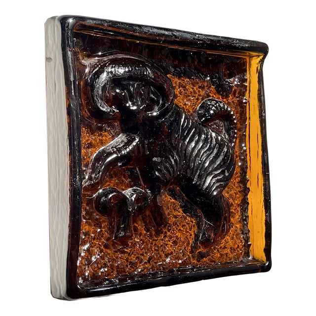 Mid-Century Amber Glass Zodiac Block with Capricorn from Ząbkowice Glassworks, 1950s For Sale