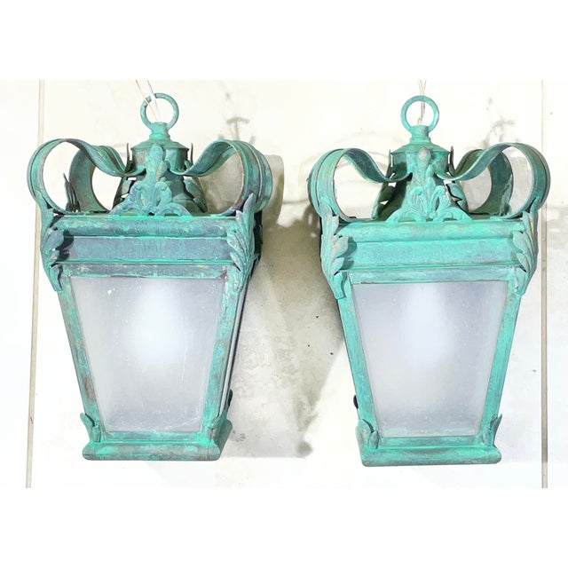 Vintage French Style Solid Brass Lanterns / Pendents With Verdigris For Sale - Image 12 of 15