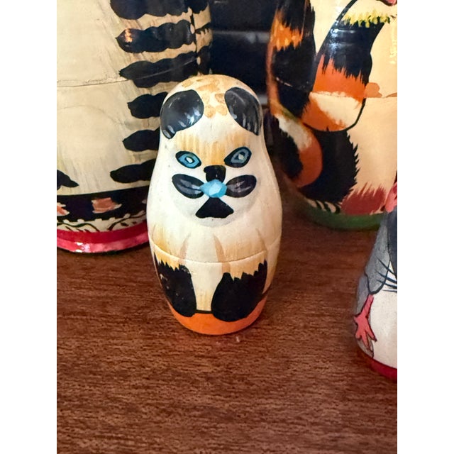 Wood Hand-Painted Folk Art Cat and Mouse Nesting Dolls - Set of 5 For Sale - Image 7 of 11