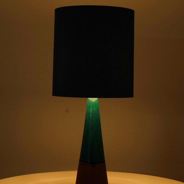 Blue Aqua and Brown Ceramic Table Lamp with Silk Lampshade attributed to R. Houben, 1950s For Sale - Image 8 of 10