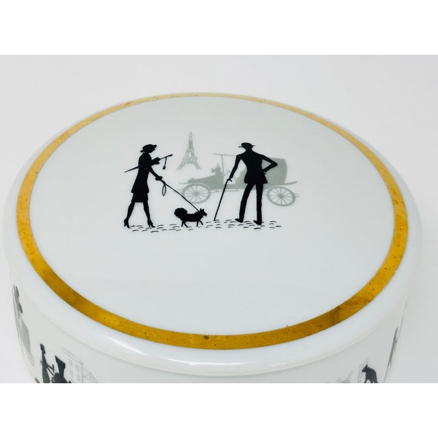 Vintage Limoges France "Décor Florence" Porcelain Lidded Box, Black & White Parisian Silhouette, Circa 1980 An elegant...