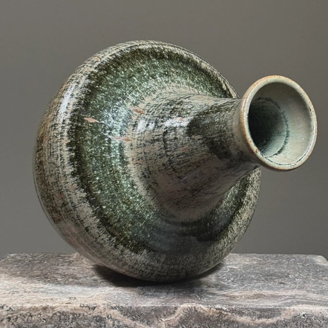 Mid-Century Modern Vintage Mid Century Green Glazed Long Neck Ceramic Vase, Signed For Sale - Image 3 of 9