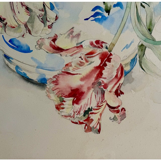 Large Floral Still Life Watercolor Painting With Butterflies, 1989, Modern Frame For Sale - Image 4 of 18