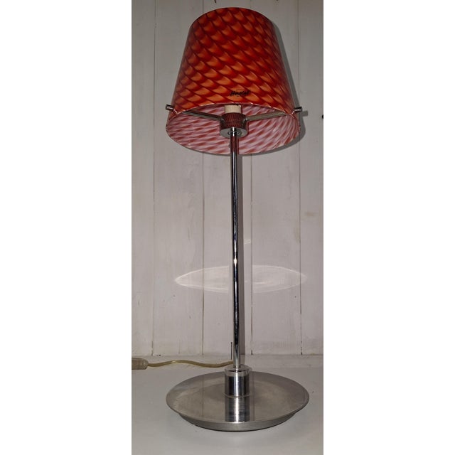 Vintage Table Lamp with Chrome-Plated Metal Base and Red Patterned Glass Shade, 2000s For Sale - Image 6 of 7