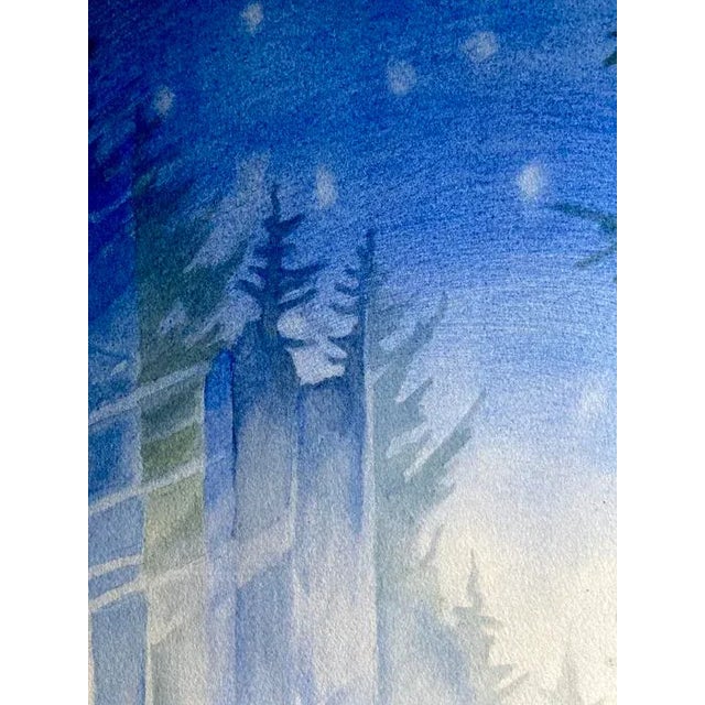 Contemporary Blue and White, Original Watercolor Landscape Painting, Moon Lit Night by Kathleen Ney For Sale - Image 3 of 5