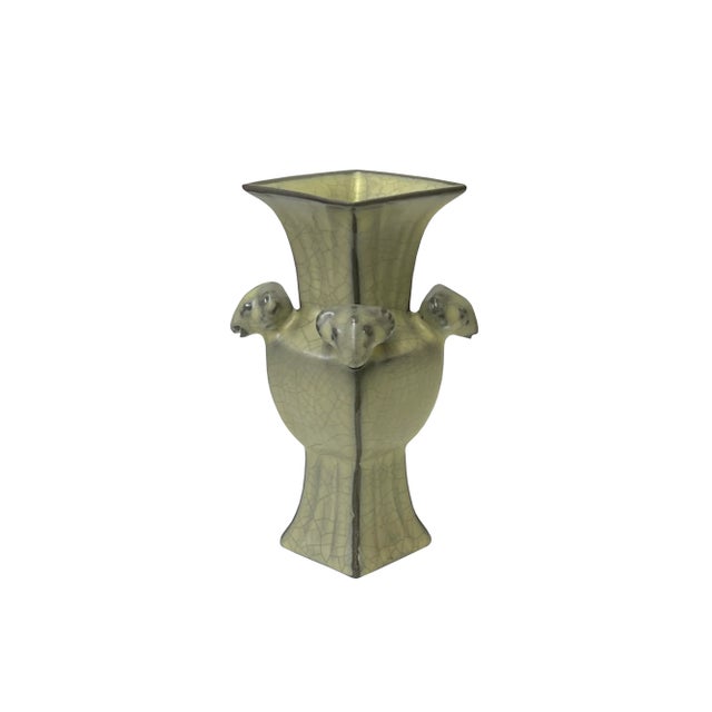 2020s Chinese Ru Ware Yellow Crackle Ceramic Ram Heads Art Vase For Sale - Image 5 of 5