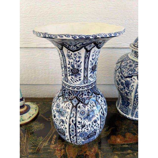 Delft Vintage Large Delft Trumpet Vase Blue and White Floral Boch Royal Sphinx Urn For Sale - Image 4 of 18